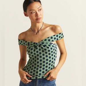Anthropologie Green and Blue Off-Shoulder Blouse